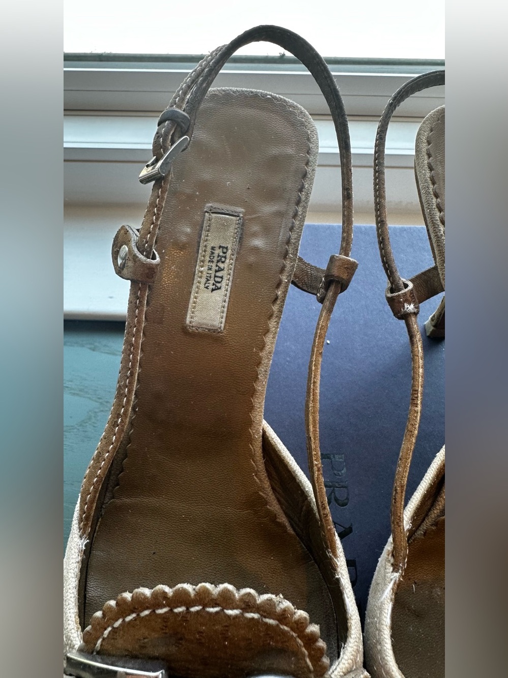 Vintage Prada Beige Canvas Pointed Toe Buckle Slingback Heels - Picture 4 of 16
